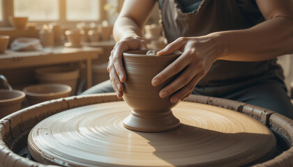 potter shaping clay on wheel with focused expression in studio