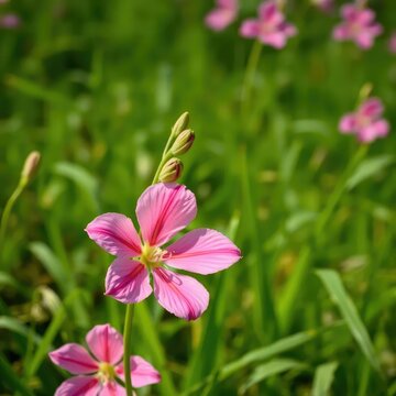 Delicate pink amarcrinum flower in a green meadow, spring, botanicals, pink amarcrinum flowers
