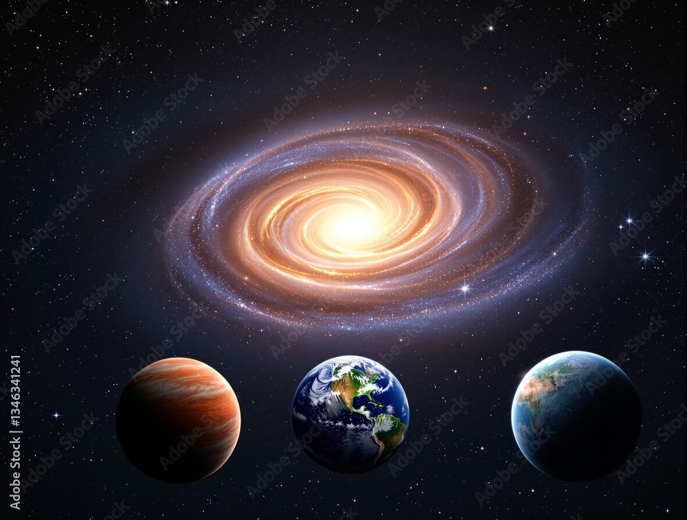 Poster bright spiral galaxy with glowing core and three planets in outer space, surrounded by stars. cosmic