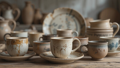 collection of handcrafted ceramic cups and tableware on rustic wooden table