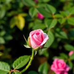 Delicate pink rosebud flower on a green leaf stem in the garden, floral, botanical
