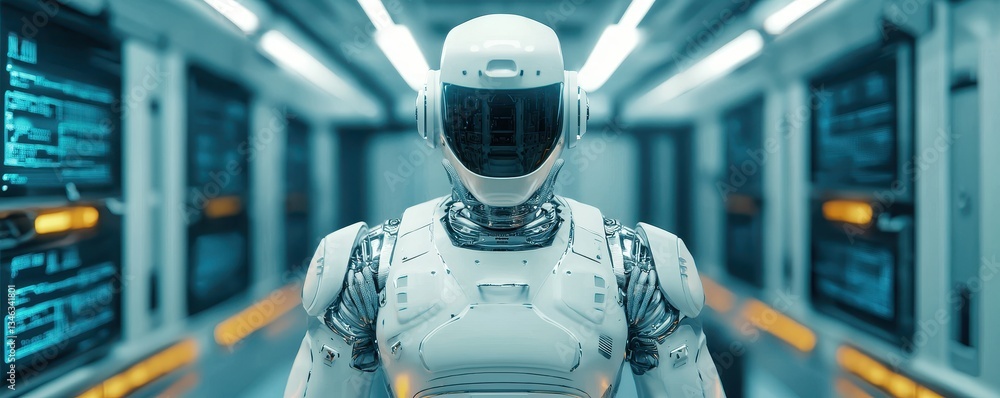Aufkleber a futuristic robot stands in a high-tech corridor, showcasing advanced technology and artificial int