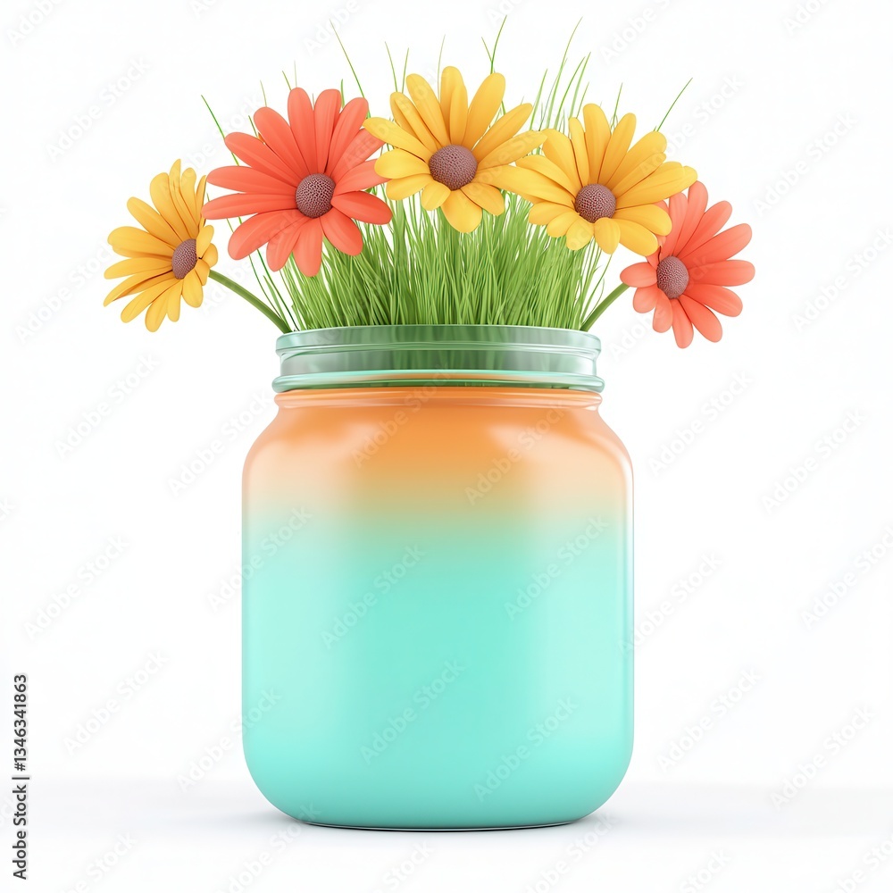 Poster bright and colorful flowers in a jar with a gradient effect against a white background