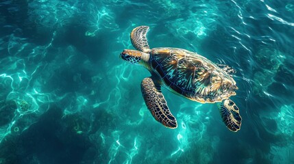 Fototapeta premium A sea turtle gracefully swims in vibrant turquoise water