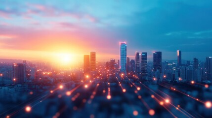 Fototapeta premium City skyline at sunset urban landscape stunning viewpoint