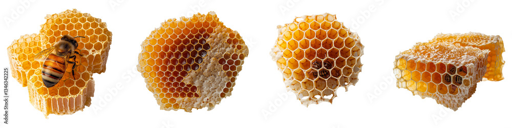 Poster Generative Ai creates isolated honeycombs on a transparent background for various uses