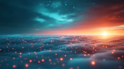 Breathtaking sunset over cloudy serene landscape digital dreamy environment aerial view nature's beauty