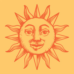 Sun with a face engraving style hand draw
