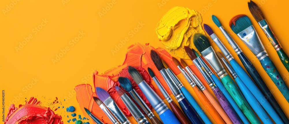 Aufkleber paintbrushes and paint splashes on colorful background. flat lay composition with copy space for art