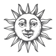 Sun with a face engraving style hand draw