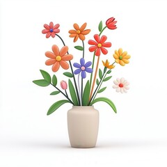 Colorful 3D Flowers Arrangement in a Simple Vase on a Bright White Background