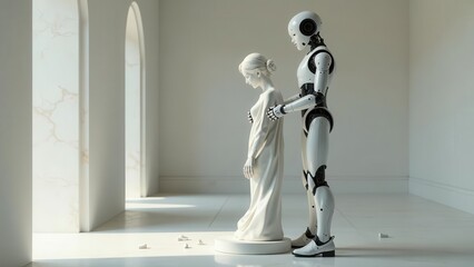A humanoid robot gently interacts with a sculpted figure in a minimalist setting, exploring themes of artificial intelligence and artistic creation.