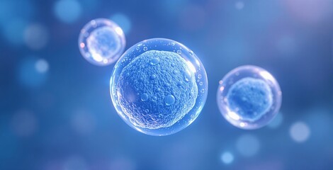 Microscopic view of biological cells suspended in liquid with a glowing blue background. Concept of microbiology, science, and genetic research. Ai generative