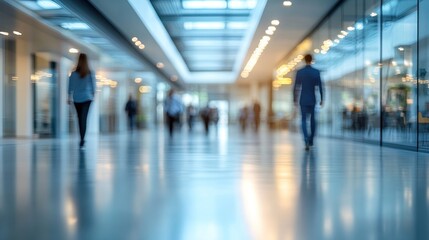 Blurred Motion in Modern Hallway: Business People Walking