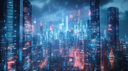 Fototapeta premium Futuristic city skyline at night. High-tech cityscape. Possible use for video games, science fiction, digital art