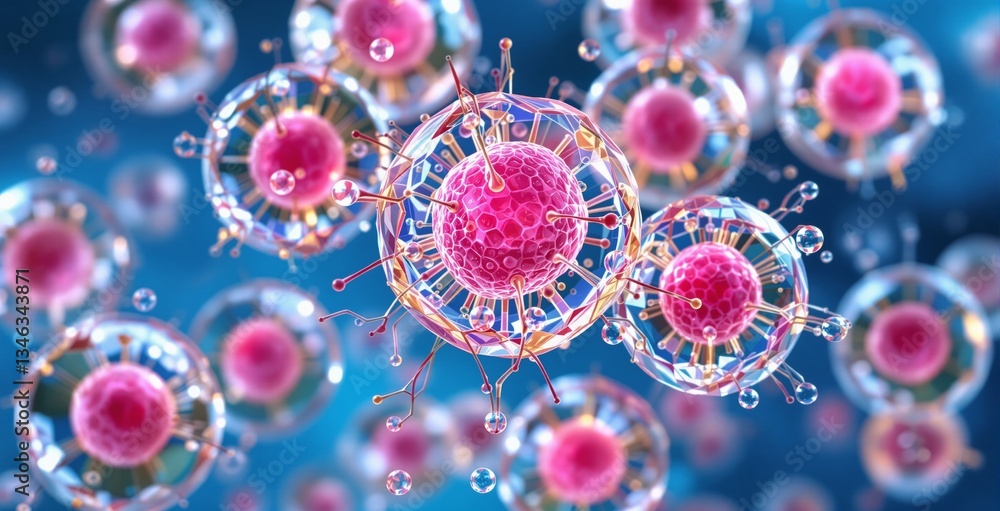Aufkleber abstract depiction of virus cells with a glowing pink core and intricate outer structures, set again