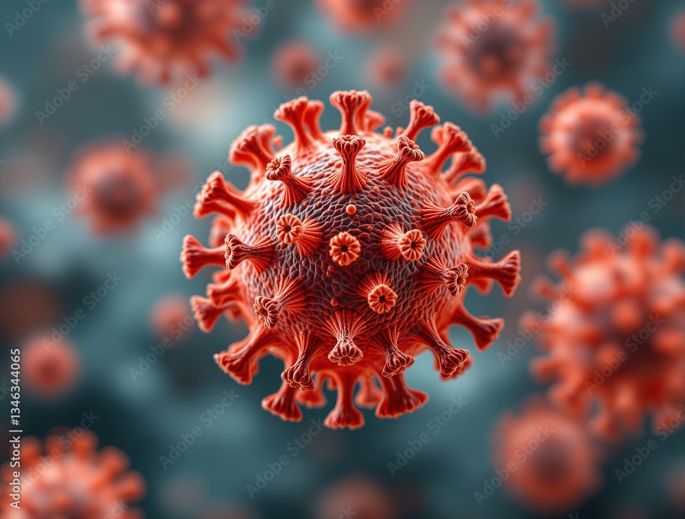 Poster microscopic view of virus particles in red tones on a blurred teal background. medical and science c