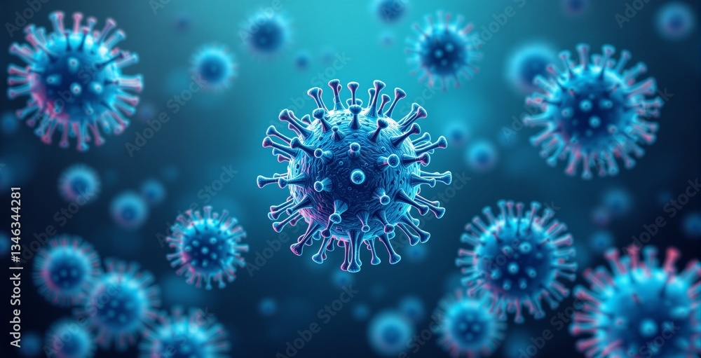 Poster close-up of virus particles with spiky surfaces in a glowing blue environment, depicting a microscop