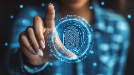 Biometric fingerprint scanner with a pointing finger, representing advanced security, surveillance, and data protection in cyber applications. Future of secure identification technology