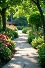 Obraz premium Serene Garden Path with Blooming Tulips and Lush Greenery on a Sunny Day