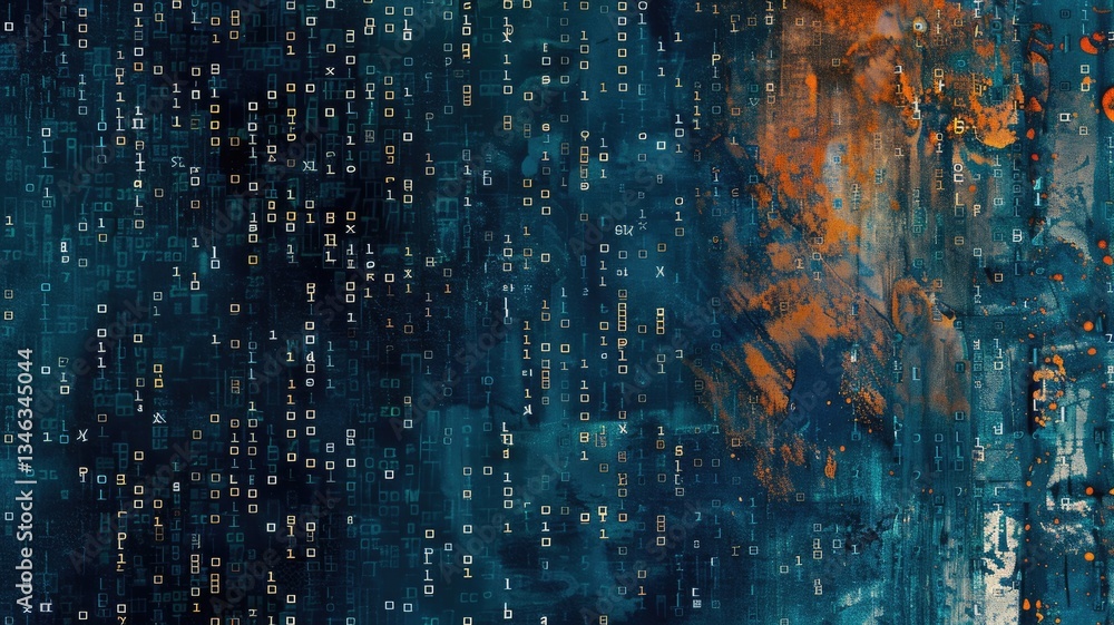 Poster this dark blue abstract tech background features intricate patterns resembling code and data, perfec