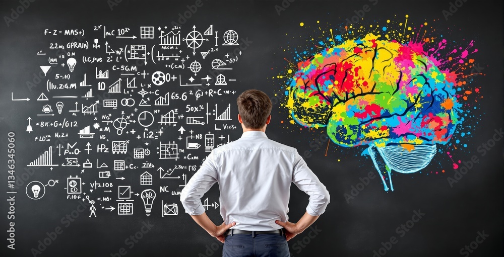 Poster man in white shirt stands before a background featuring science formulas on one side and a colorful 