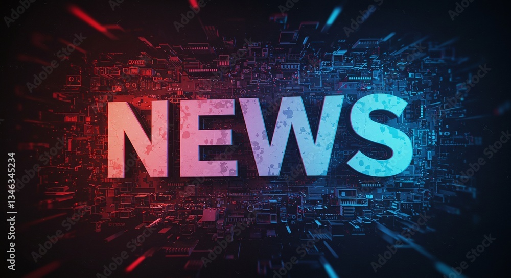 Poster breaking news: a dynamic visual representation of news, set against a backdrop of a digitized, glowi
