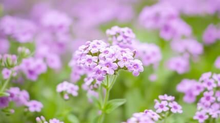 Obraz premium Beautiful violet verbena field in full bloom, creating a soft, colorful, and vibrant floral background with delicate purple flowers and green stems, symbolizing nature, beauty, and tranquility