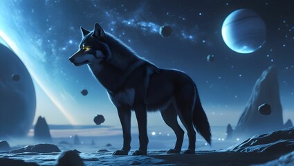 The wolf's fur shimmers under the celestial light, exuding power and mystery. The sky is filled with distant stars and a glowing orange celestial body, enhancing the otherworldly atmosphere.