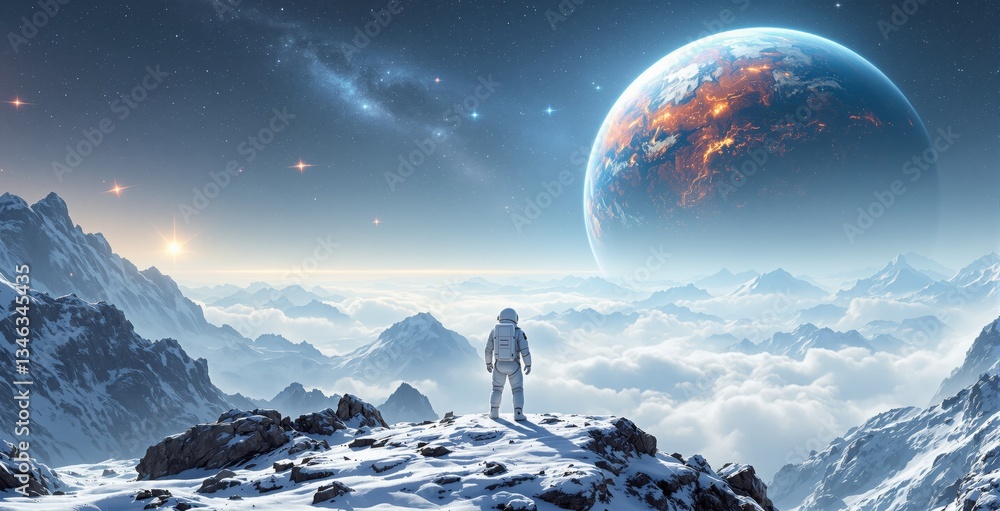 Poster astronaut on a snowy mountain peak looking at a giant planet in a starry sky, surrounded by clouds a