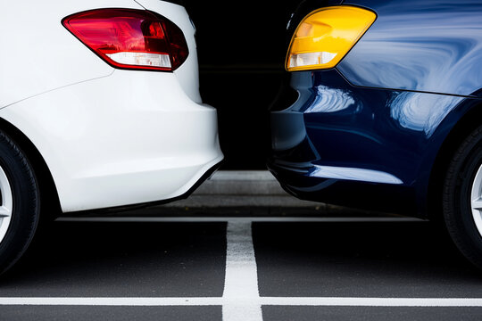 Close-up of two parked cars almost touching bumpers in a parking lot, illustrating a near-collision or tight parking situation with a white and blue vehicle.