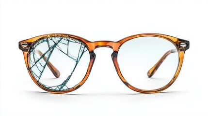 Broken retro style glasses with cracked lens on white background