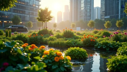 Fototapeta premium A vibrant cinematic photograph of garden with city buildings in the background during a light rain, generate AI