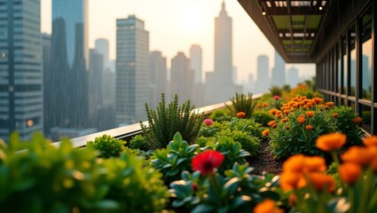 Fototapeta premium A vibrant cinematic photograph on a rooftop garden with city buildings in the background during a light rain, generate AI