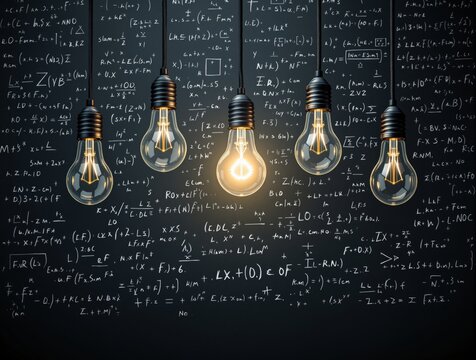 Glowing light bulbs hanging against a background filled with complex mathematical formulas, symbolizing creativity, science, and innovation. Ai generative