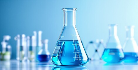Close-up of a laboratory flask filled with blue liquid, placed on a reflective surface with blurred scientific equipment in the background. Science concept. Ai generative