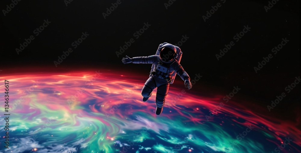 Poster astronaut drifting in space above a colorful swirling planet with a cosmic background. a creative de