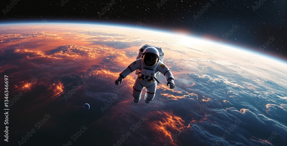 Poster astronaut floating in space above earth with glowing clouds in the background. a creative depiction 