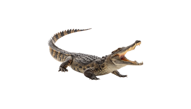 Crocodile with open mouth on black background showing teeth and patterned skin and tail curled up