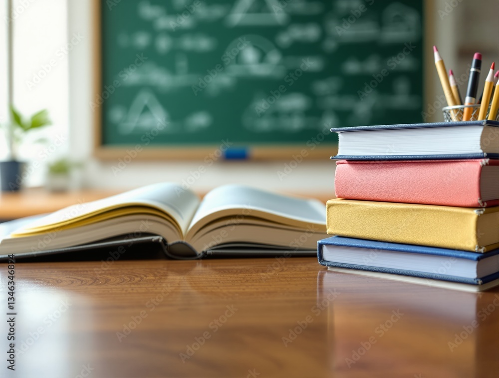 Poster stack of colorful books and an open textbook on a wooden desk with a blurred green chalkboard backgr