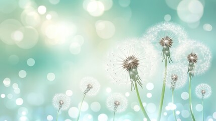 Obraz premium Dandelion Seeds Blowing in Spring Breeze with Bokeh Background.