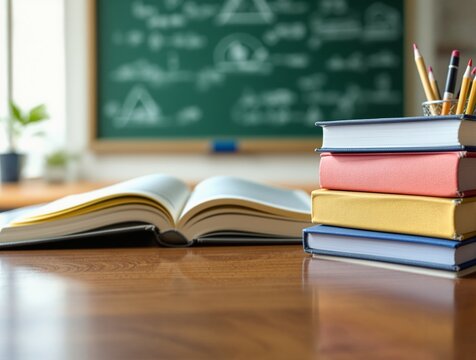 Stack of colorful books and an open textbook on a wooden desk with a blurred green chalkboard background filled with science equations. Education concept. Ai generative