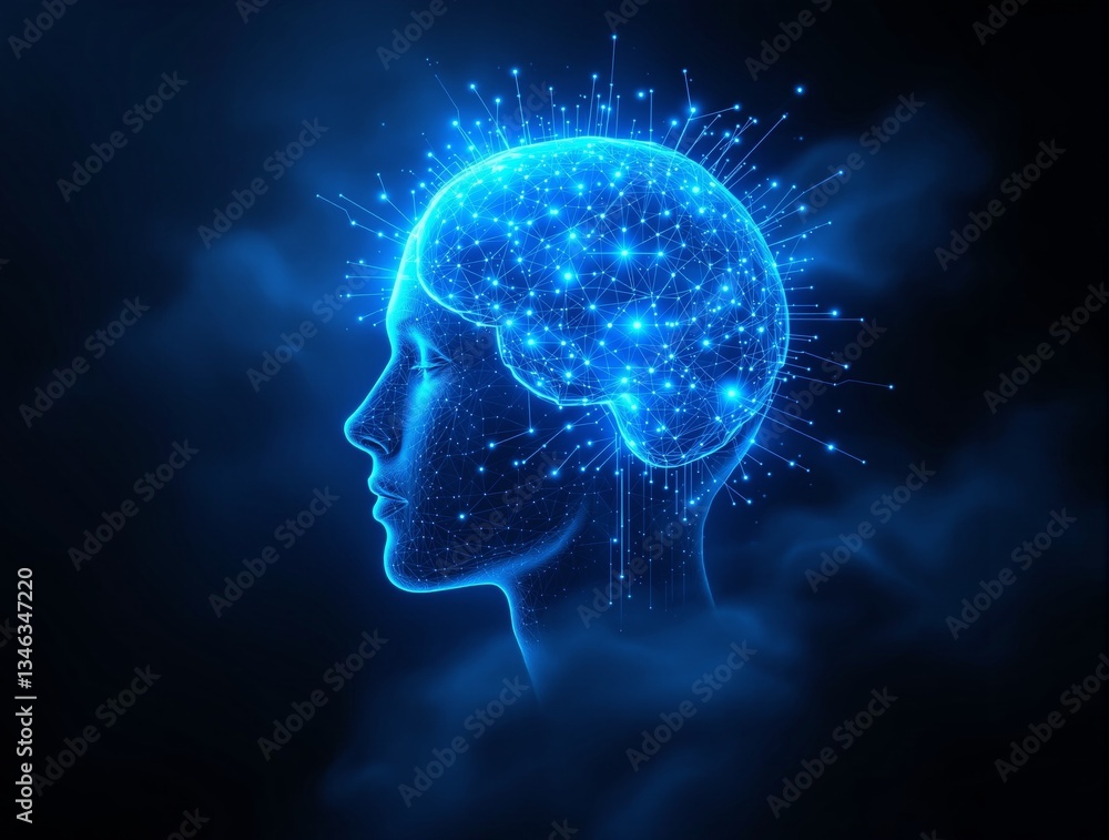 Poster glowing human head with neural connections forming a digital brain, surrounded by abstract particles