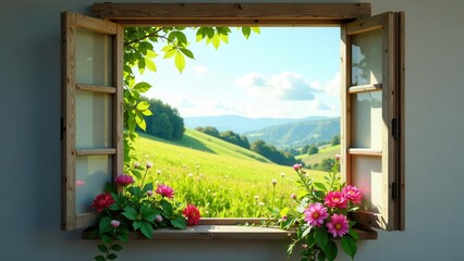 Rustic wooden window frame opens to reveal a vibrant summer vista of rolling green hills and colorful wildflowers on the windowsill