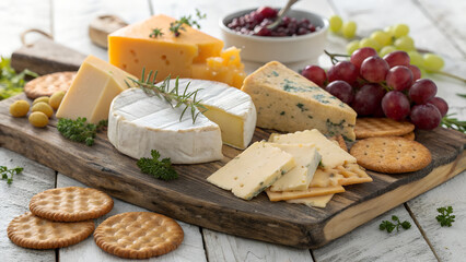 Cheese board with assorted cheeses and crackers.