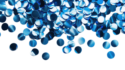 Shiny blue confetti falling on transparent background for party decoration