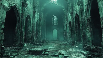 Ruined hall with arched windows and doorways, bathed in teal light