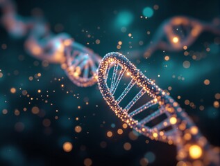 Abstract glowing DNA strand with sparkling particles on a dark teal background. Creative concept of genetics, biotechnology, and molecular science. Ai generative