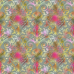 Multi colored floral ornament. Abstrac print. Paper texture background. Digital painting. Noise effect.