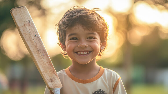 Smiling young boy holding a wooden cricket bat outdoors during sunset, symbolizing childhood happiness, sports enthusiasm, and the joy of playing cricket in a warm and natural environment